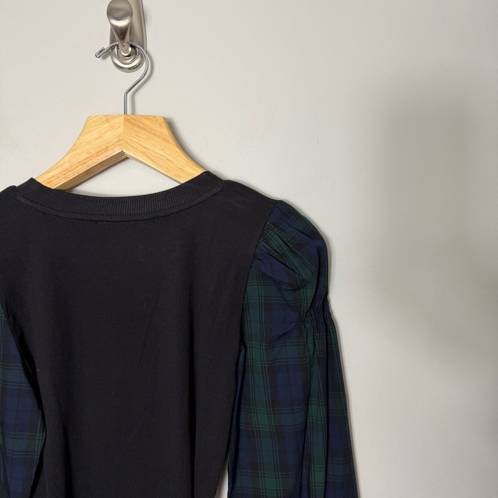 NEW LOFT Mixed Media Plaid Puff Sleeve Shirt Top Ribbed Bodice XS 621 - Picture 9 of 9